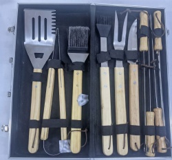10-Piece BBQ Tool Set with Stainless Steel Tools & Oak Wood Handles - Aluminum Case