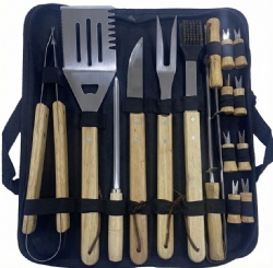 16-Piece BBQ Tool Set - Stainless Steel Tools & Oak Wood Handles