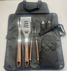 6-Piece BBQ Grill Tool Set with Apron, Tong, Spatula, Fork, Gloves, and Condiment Bottles