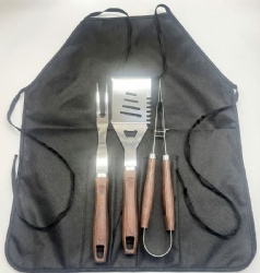 3-Piece BBQ Tool Set with Apron - Stainless Steel Grill Utensils, Spatula, Fork, Tong