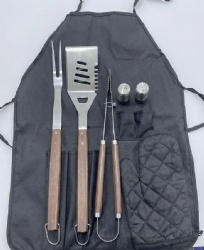 6-Piece BBQ Apron Grill Tool Set with Fork, Spatula, Tong, Seasoning Bottles & Gloves