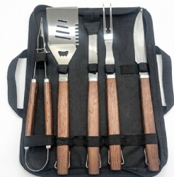 5-Piece BBQ Tool Set with Wood Handles - Stainless Steel Grill Accessories