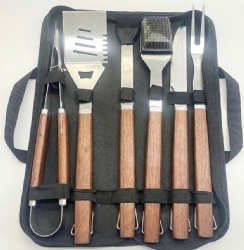 6-Piece BBQ Tool Set with Wooden Handles, Stainless Steel Grilling Utensils