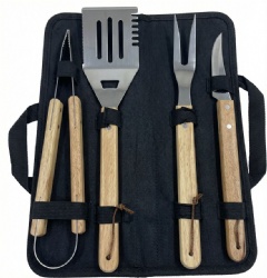 4-Piece BBQ Tool Set - Stainless Steel Tools with Oak Wood Handles