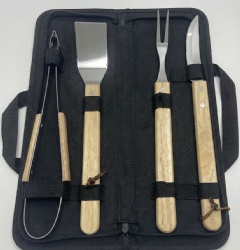4-Piece BBQ Tool Set with Stainless Steel & Oak Wood Handles