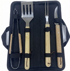 4-Piece BBQ Tool Set with Stainless Steel Tools & Oak Handles