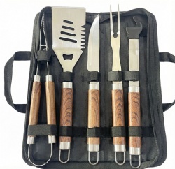 5-Piece BBQ Grill Tool Set with Wooden Handles - Stainless Steel