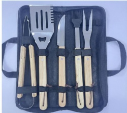 5-Piece BBQ Tool Set - Stainless Steel & Oak Wood Handle - Grill Accessories