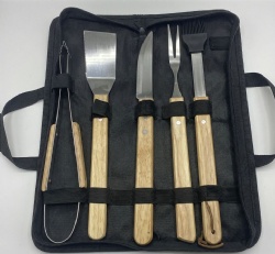5-Piece BBQ Tool Set with 410/420 Stainless Steel and Oak Wood Handles