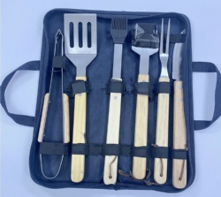 6-Piece BBQ Tool Set - Stainless Steel & Oak Wood