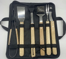 6-Piece BBQ Tool Set - Stainless Steel Tools with Oak Handles
