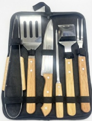 6-Piece BBQ Tool Set with Wooden Handles - Grill Accessories Kit