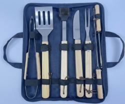 7-Piece BBQ Tool Set - Stainless Steel & Oak Handle - BBQ Tool Kit