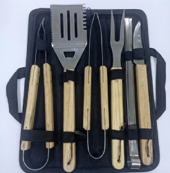 8-Piece BBQ Tool Set with 410/420 Stainless Steel Tools and Oak Wood Handles