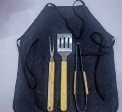 BBQ Apron 3-Piece Set with Oak Handles