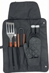 BBQ Apron 6 Piece Set with 410 Stainless Steel & Wood Handle Tools