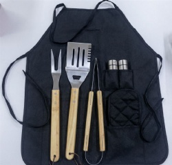 BBQ Apron 6 Piece Set with Oak Handle
