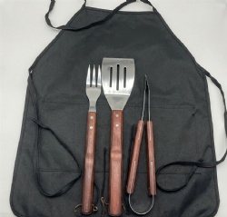 BBQ Apron Set - 3-Piece with Wood Handle Stainless Steel Tools