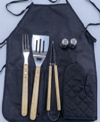BBQ Apron Set - 6 Piece Grill Kit with Stainless Steel Tools & Oak Handles