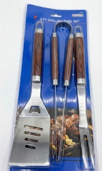 BBQ Tool Set 3-Piece - Stainless Steel Grilling Kit with Wooden Handles
