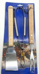 BBQ Tool Set, 3-Piece, Stainless Steel Grill Utensils with Oak Handles