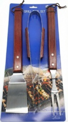 BBQ Tool Set, 3-Piece Wooden Handle Grill Accessories