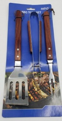 BBQ Tool Set 3-Piece Wooden Handle Grill Utensils