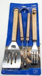 BBQ Tool Set with 3 Pieces - Stainless Steel & Oak Wood