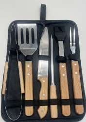 BBQ Tools Set - 6 Piece Wooden Handle Grilling Accessories