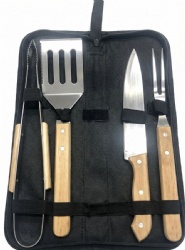 BBQ Tools with Wooden Handles 4 Piece Kit